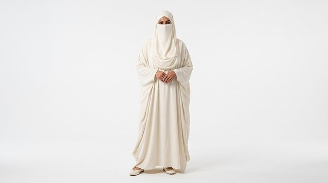 Muslim woman wearing ivory-white niqab and abaya standing on white background