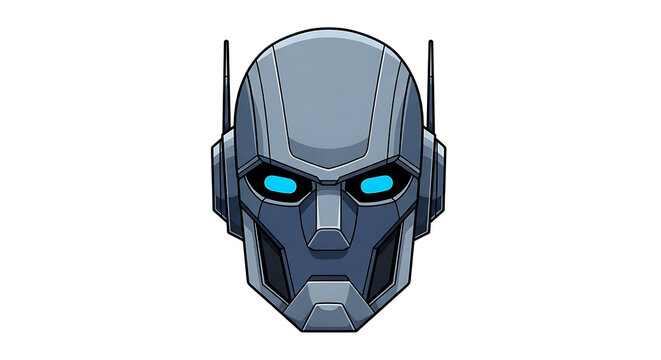 Futuristic metallic robot head design with glowing blue eyes isolated on plain white background