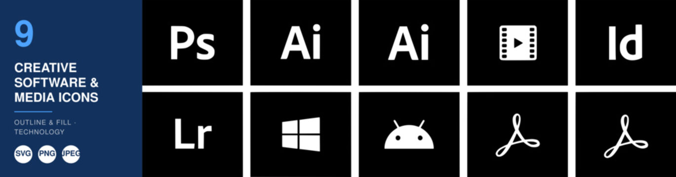 Creative Software and Media Icons Set with Nameplate Design Featuring Vector, Illustration, Symbol with Graphic and Tool Elements