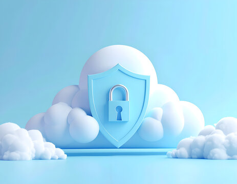 Cloud Security Shield Icon with Padlock Symbol on Fluffy Clouds.