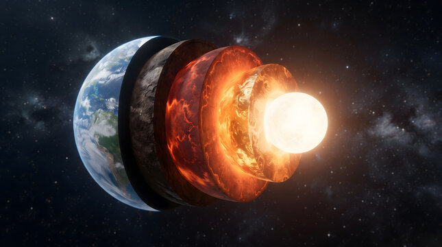A detailed 3D scientific diagram of planet Earth in space, showcasing its internal layers in a cross-section view including the crust, mantle, molten outer core, and glowing hot inner core surround...