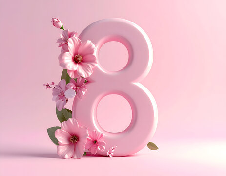 Elegant Pink Number 8 Decorated with Delicate Flowers.