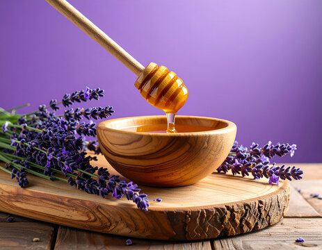 Golden Honey Dripping from Wooden Dipper into Bowl with Lavender.