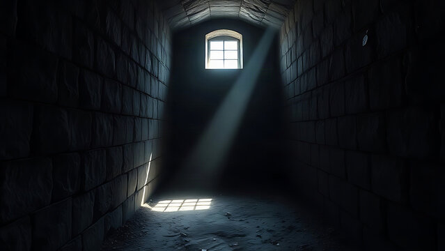 Narrow damp stone prison cell with a sharp beam of light cutting through the darkness.