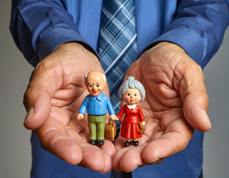 Elderly Couple Figurines Held in Caring Hands.