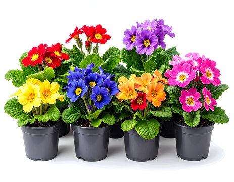 Vibrant Assortment of Blooming Primrose Flowers in Pots.
