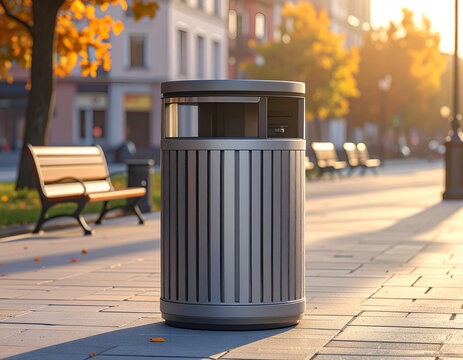 Modern Outdoor Trash Can in Autumn Park Setting.