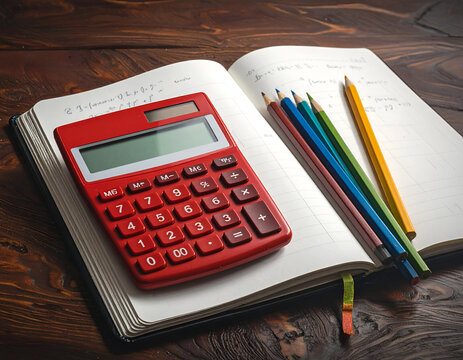 Red Calculator and Pencils on Open Notebook with Wooden Background.