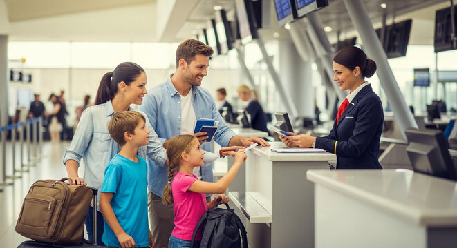 Family checking in at airport counter with agent
