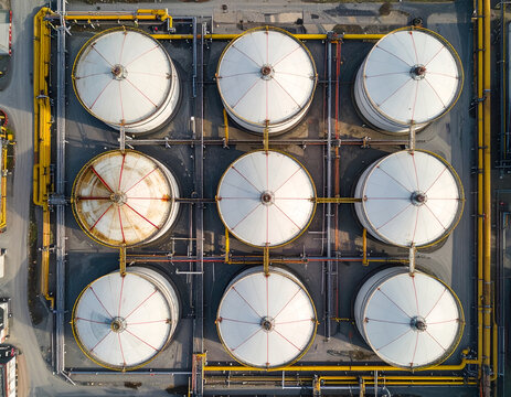 Aerial View of Industrial Storage Tanks at a Refinery or Chemical Plant.