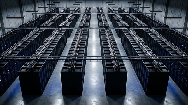 Cinematic Data Center Server Racks with Infrastructure for Cloud Computing Networking and Web Hosting Service Storage.