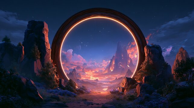 Night magic portal opens to alien world, a cartoon fantasy mountain landscape glows in a wooden frame.