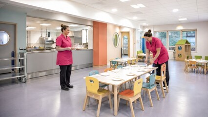 Fototapeta premium Preschool Cafeteria Lunch with Children and Staff
