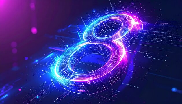 Futuristic glowing number eight with neon cyber lights and digital tech elements in a vibrant abstract digital space