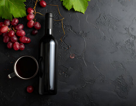 A bottle of red wine with grapes and a glass on a dark background.