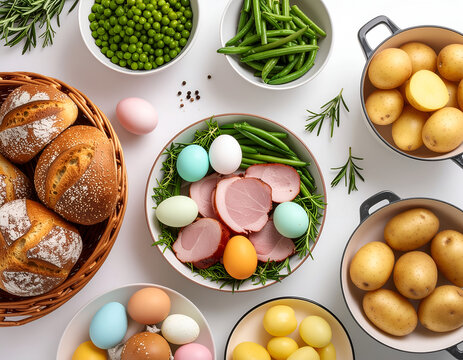 A vibrant flat lay showcases a delicious Easter meal with ham, eggs, fresh vegetables, and crusty bread.