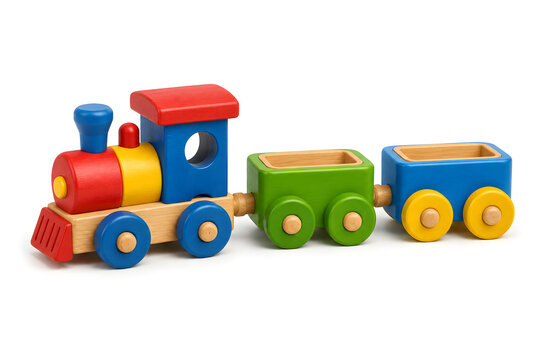 Colorful Wooden Toy Train with Wagons Isolated on White Background