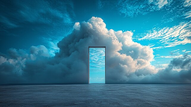 Doorway to Heaven, cloudscape, concrete floor, surreal