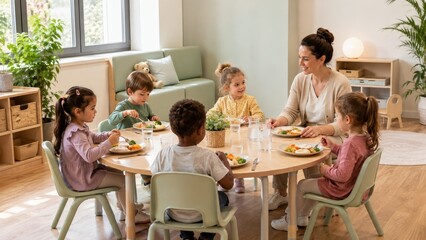 Obraz premium Preschool Cafeteria Lunch with Children and Staff
