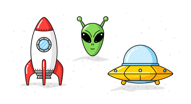 Space exploration vector illustration with rocket alien and UFO