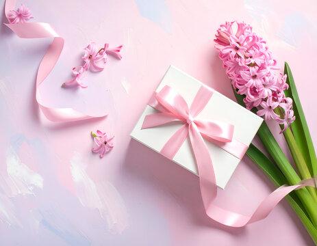 Elegant Pink Hyacinth Flowers and Gift Box Arrangement for Special Occasions.