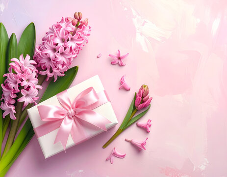 Beautiful Pink Hyacinths and Gift Box Arrangement on Soft Pink Background.