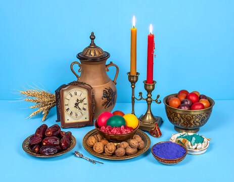 Traditional Easter Still Life with Painted Eggs and Dates.