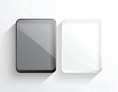 Two blank rounded square cards, one grey and one white, casting shadows.
