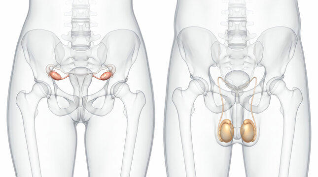 Anatomical Comparison Showing Male and Female Human Reproductive Systems with Pelvic Bone Structure
