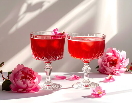 Elegant Red Cocktails Adorned with Pink Peonies and Petals.