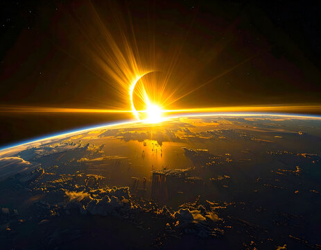 Spectacular Solar Eclipse Over Earths Horizon With Fiery Corona Rays.