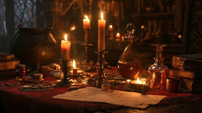 Witch's room holds magic items with candles burning on a table.
