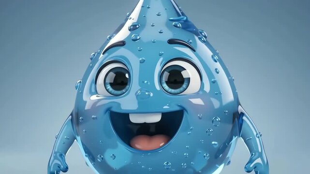 A Cute Cartoon Water Drop Character Animation Smiling and Expressing Joyful Emotions on Blue Background