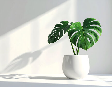 Monstera Deliciosa Plant in a White Pot with Sunlight Shadows.