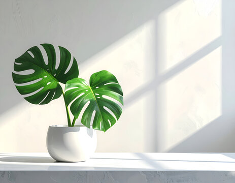 Monstera Deliciosa Plant in a White Pot with Sunlight Shadows.
