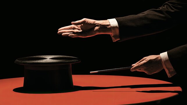 Magician's hands make hat and wand appear on a dark stage.