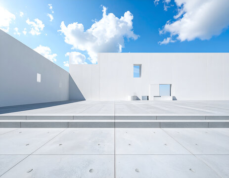 Modern White Architecture with Blue Sky and Clouds.