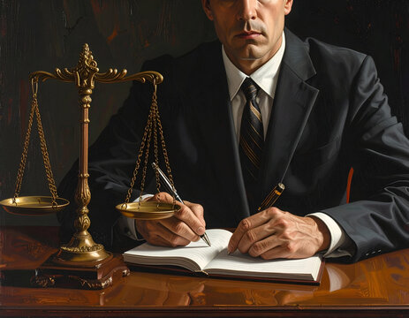 Lawyer in Suit Writing at Desk with Scales of Justice.