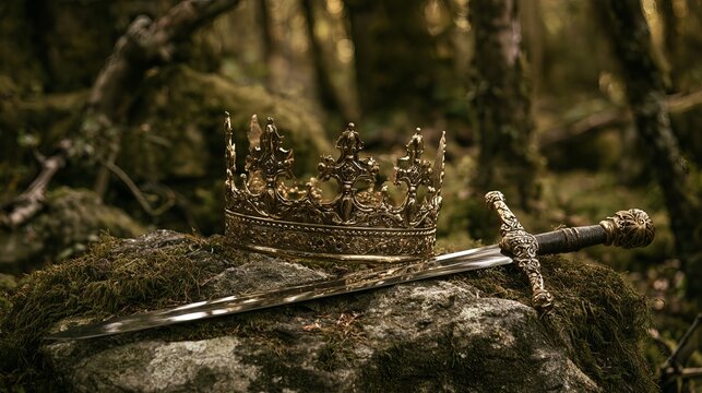 Gold crown and sword rest on stone in England's woods. Medieval times are here.