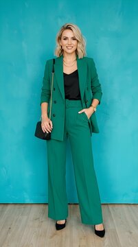 Smiling blonde woman wearing a green double-breasted blazer and trousers on a blue background