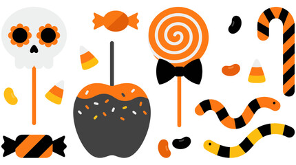 Halloween candy vector set with sweet treats, sugar skull lollipop, candy corn, chocolate apple and gummy worms