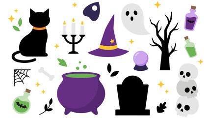 Halloween vector elements collection featuring cute black cat, witch hat, cauldron, ghost, and skulls for spooky autumn seasonal holiday design projects