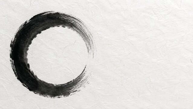 Minimalist black Sumi ink Enso circle on white washi paper background with copy space

和紙の背景に描かれた黒い水墨の円相と右側の広いコピースペース
