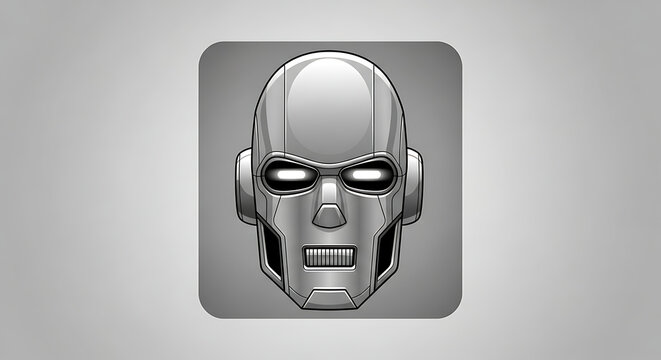 Metallic android head icon featuring glowing eyes set against a soft neutral grey background