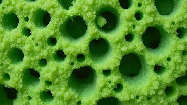 Green foam close-up showing porous cellular structure and textured surface.