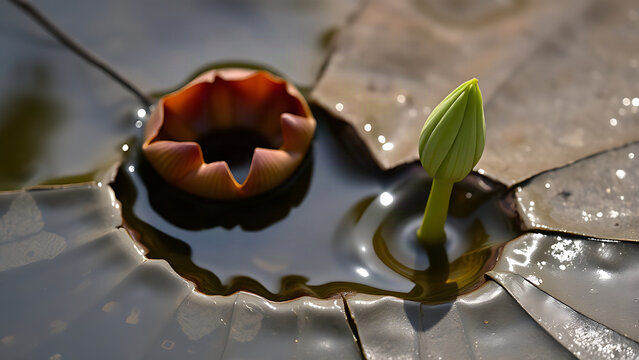 A withered lotus pod at the pond bottom, a fresh green sprout emerging.