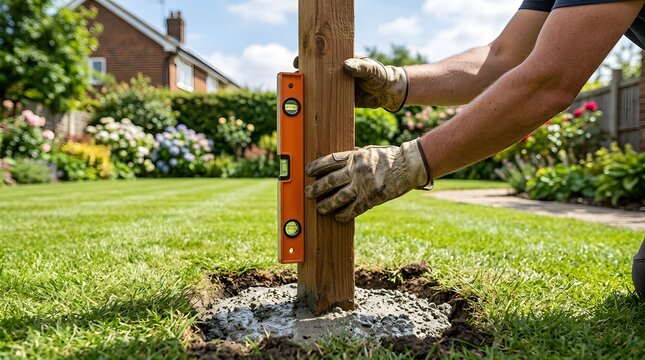 Builder uses spirit level tool to check vertical alignment of wooden fence post set in wet concrete for garden boundary construction work outdoors.