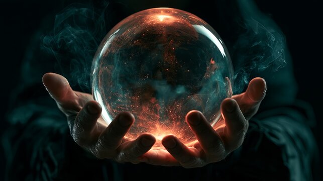 Fortune teller's hands hold a magic crystal ball. Predictions appear within its mysterious glow, perfect for a Halloween theme. This wide image is ready for your logo.