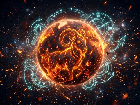 Fiery Chinese Zodiac Goat Planet with Sparks and Time Hologram
