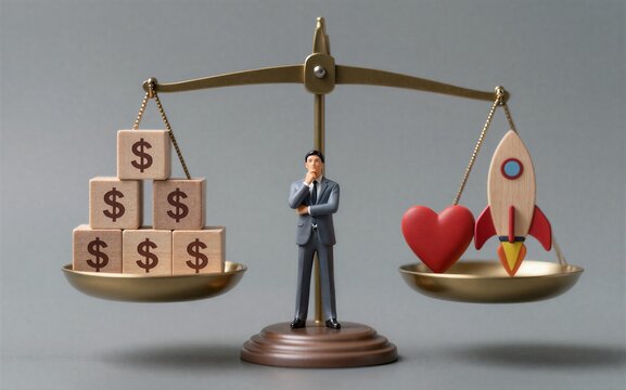 Businessman weighs money vs. heart-shaped rocket, symbolizing profit versus passion or growth.
